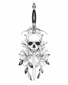 a drawing of a skull with a knife in it's mouth and flowers around it