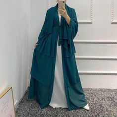 Muslim Women 3 Layer Chiffon Open Abaya Dress With Hijab – urgarment Flowy Long Abaya For Eid, Eid Chiffon Maxi Abaya, Modest Chiffon Hijab For Eid, Chiffon Long Maxi Dress For Eid, Chiffon Khimar For Eid, Eid Long Sleeve Chiffon Abaya, Modest Long Green Abaya, Dress For Muslim Women, Dress With Hijab