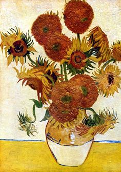 a painting of sunflowers in a vase on a table