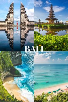 bali travel collage with the beach, water and mountains in it's reflection