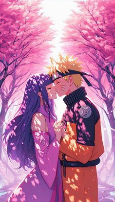 naruto and sashika kissing in front of pink trees with the sun shining down on them