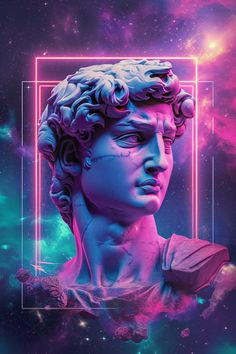 an artistic image of a bust of a man in the middle of space with pink, blue and purple hues