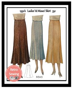 A Four panel skirt from the mid 1930's which is  closely fitted at the hip, has no waistband except a facing to the inside and a side placket fastening.  The instructions come as a combination of written  and illustration. Size:  Waist 26 ins.  Hips 35 ins. - finished length  approx 31.5 ins. There are no fabric suggestions with this pattern,  but you could use any Lightweight Suiting, Flannel,  wool crepe etc, nothing too stiff or thick maybe try a Ponte roma The pattern and Instructions come a Thirties Fashion, French Sewing Patterns, Gore Skirt, Vintage 1930s Dress, Skirt Ideas, Retro Sewing Patterns, Panel Skirt, Gored Skirt, Bolero Dress