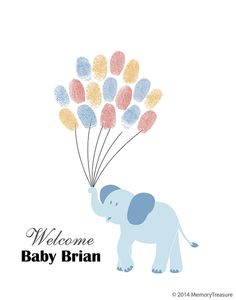 an elephant holding balloons with the words welcome baby brain