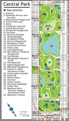 a map of central park showing the location of several parks and attractions, including lakes