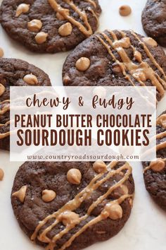 chewy and fudgey peanut butter chocolate sourdough cookies on a white surface