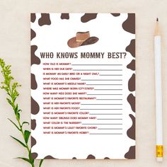 a printable baby shower game with a cowboy hat and boot on the front, which reads who knows mommy best?