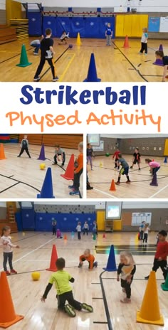 there are several pictures of children playing in an indoor basketball court with cones on the floor