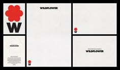 the wildflower brand identity is displayed on white paper with black and red letters,