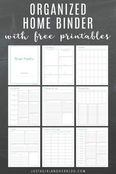 the organized home binder with free printables is shown on a chalkboard