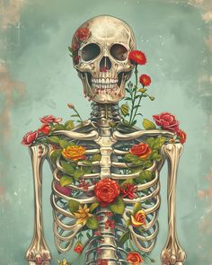 a painting of a skeleton with flowers on it's chest