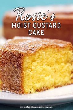 a close up of a piece of cake on a plate with the words rosie's moist custard cake