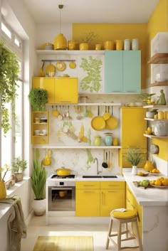 a yellow and white kitchen with lots of shelves on the wall above the stove top