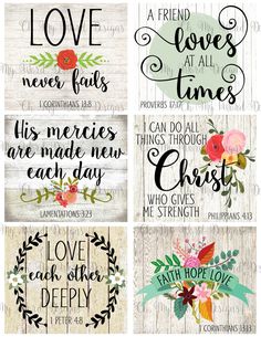 four different bible verses with flowers and leaves on them, including the words love each other