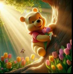 a winnie the pooh bear sitting on top of a tree with tulips