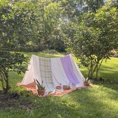 a tent is set up in the middle of some trees and grass with potted plants next to it