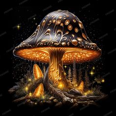 a painting of a mushroom with glowing lights on it's head and two mushrooms in the