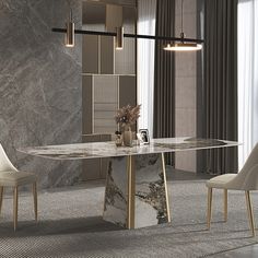 a marble dining table surrounded by white chairs