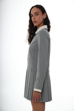 Fitted Long Sleeve Mini Dress With Pleated Hem, Workwear Mini Dress With Pleated Skirt, Workwear Mini Dress With Pleated Hem, Pleated Mini Dress For Work, A-line Mini Dress With Pleated Sleeves For Work, Pleated A-line Mini Dress For Office, Long Sleeve Dresses With Box Pleat For Work, Gray Mini Dress For Work, Gray Mini Dress For Workwear