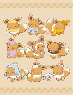 some cute little animals with different outfits and colors on their bodies, all in various poses