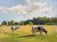 a painting of cows grazing in a field