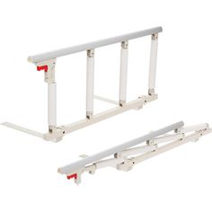 two white railings with red handles on each side and one in the middle, against a white background