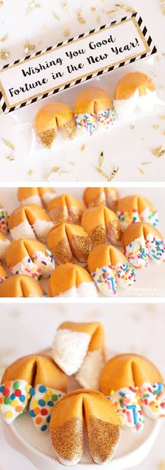 some cookies are on a plate with confetti and sprinkles around them