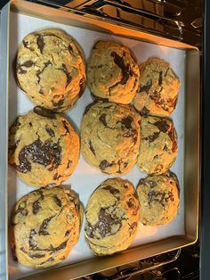 chocolate chip cookies in an oven ready to be baked