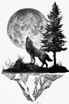 a drawing of a wolf standing on top of a hill with trees and the moon in the background