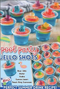 an advertisement for jello shots with bears and gummy bears in cups on the table