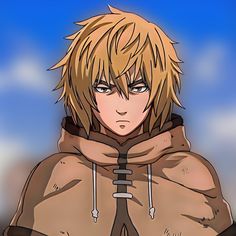 an anime character with blonde hair wearing a brown jacket and black pants, standing in front of a blue sky