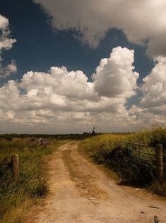 a dirt road in the middle of a grassy field with clouds above it and a wooden fence