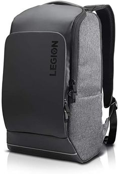 a backpack that is grey and black with the word legon on it's side