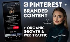 a woman standing next to an iphone with the words pinterest branded content on it