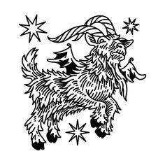 a black and white drawing of a goat with stars on it's back legs