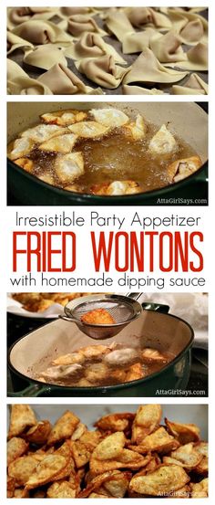 different types of fried wontons are shown in this collage with the words, irresistiblely party appetizer fried wontons with homemade dipping sauce