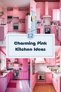 pink kitchen decor with the words charming pink kitchen ideas