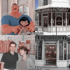 two people standing in front of a store with the caption real life and cartoons