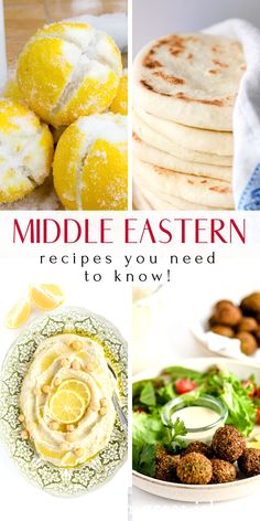 four different pictures with the words middle eastern recipes you need to know