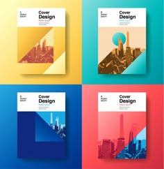 brochure cover design with cityscape in four different colors and shapes,