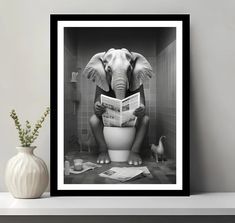 an elephant sitting on top of a toilet reading a newspaper next to a potted plant