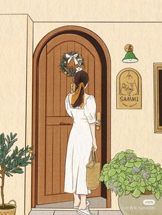 a drawing of a woman standing in front of a door with a basket on her head