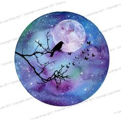 a bird sitting on top of a tree branch under a full moon in the sky