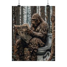 a gorilla sitting on top of a toilet in the woods while reading a newspaper that reads squattika stories