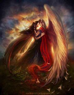 two people hugging each other with an angel in the background