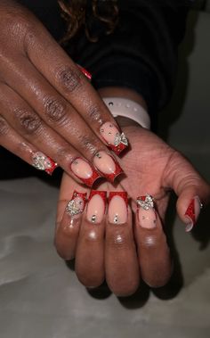 red nail inspo, prom nails, nails with butterflies, nails with gems Red Nails Ideas For Prom, Prom Nail Ideas For Red Dress, Red Quinceanera Nail Ideas, Red Nails Acrylic Homecoming, Y2k Nails Short Red, Squared Red Nails, Red Nail Designs Short Nails, Short Acrylic Nails Gems, Homecoming Red Nails