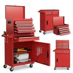 red tool cabinet with drawers and tools on wheels