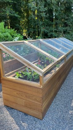 a wooden box with plants growing inside it