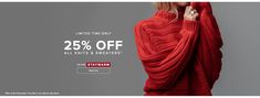 a woman in a red sweater with the text 25 % off all knits & blvders