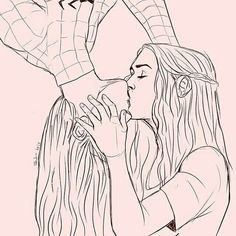 a drawing of two people touching each other's hands with spiderman heads above them